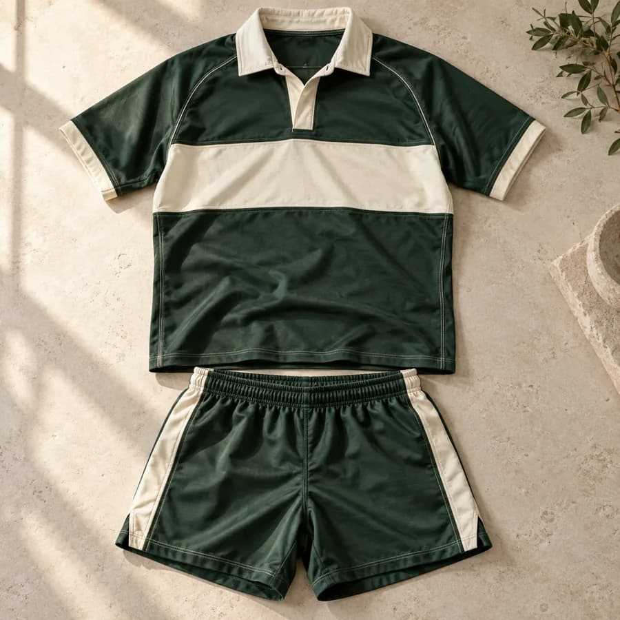 Rugby Jerseys in green and cream, illustrative design