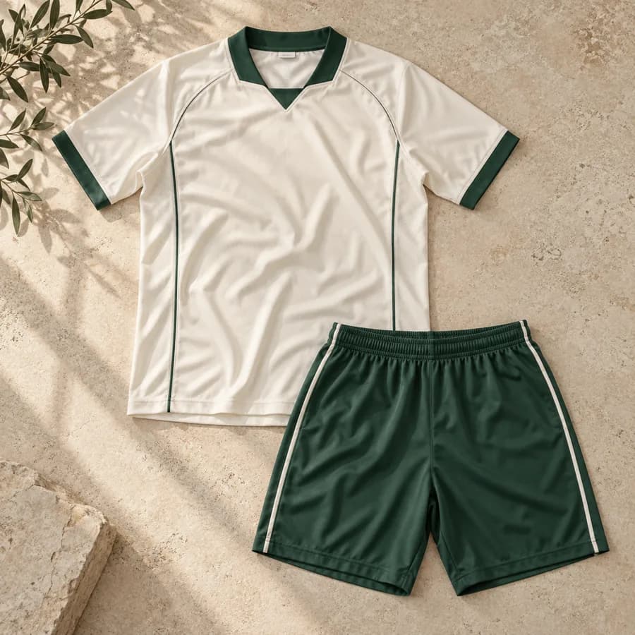 Soccer Kits in green and cream, illustrative design